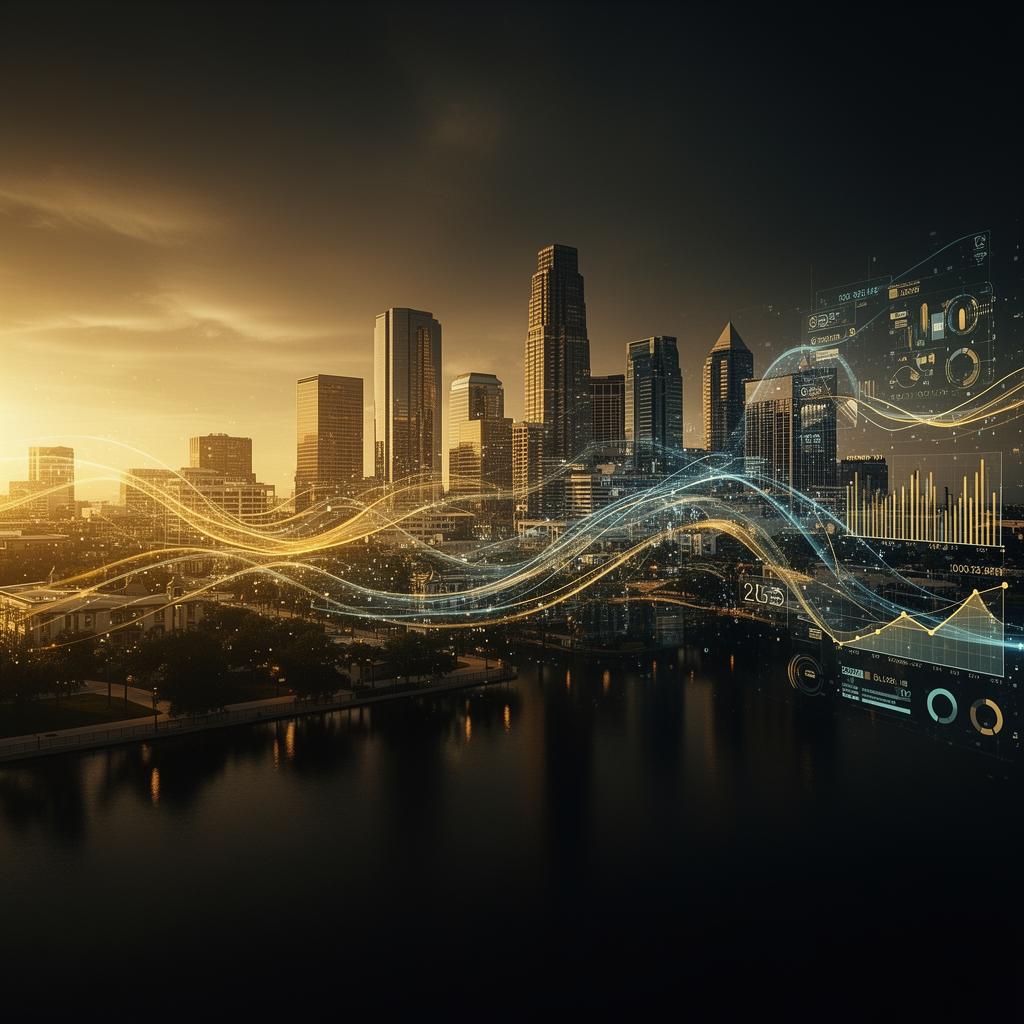 Orlando cityscape transitioning into digital marketing data