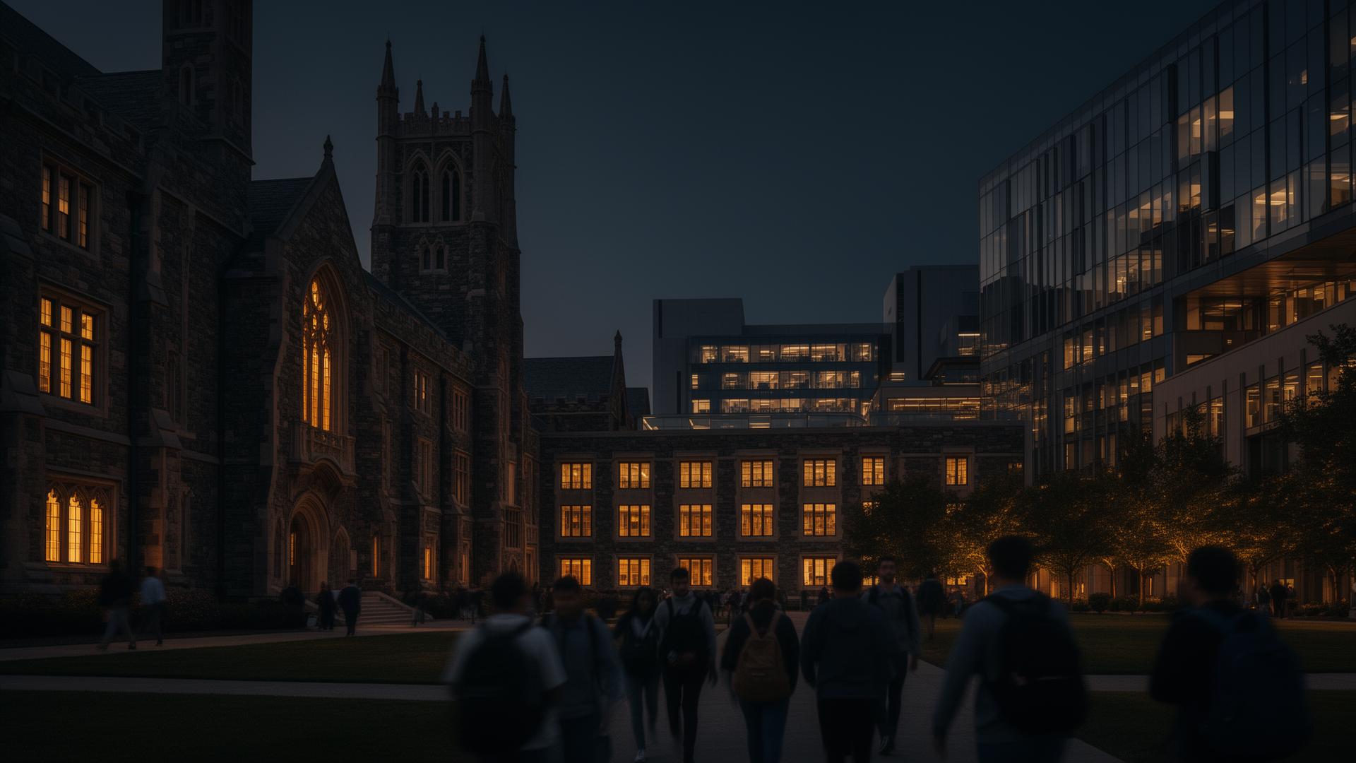 University campus at twilight — accredited U.S. college and university enrollment marketing