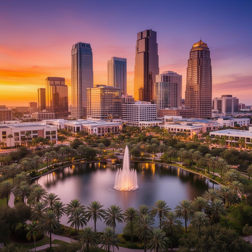Orlando Florida skyline at sunset with Lake Eola fountain and palm trees